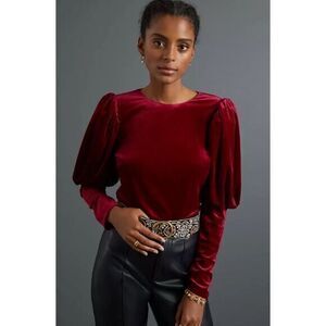 ANTHROPOLOGIE NWT Medium Pink Puff-Sleeved Velvet Blouse SMALL